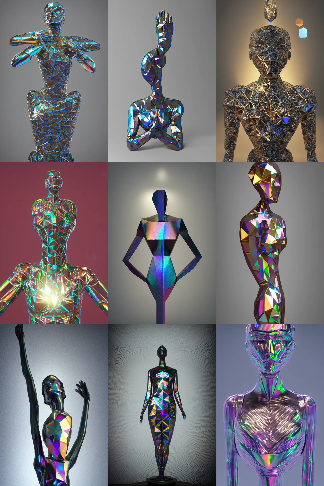 Prompt: metal sculpture, female figure with chest opening up towards the viewer, geometric symmetrical forms and iridescent glass elements with sunlight rainbow reflections style of ivan black, jack storms yunchul kim anthony howe, octane render, 4 k