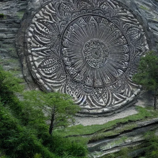 Image similar to mandala carved into the side of a mountainside