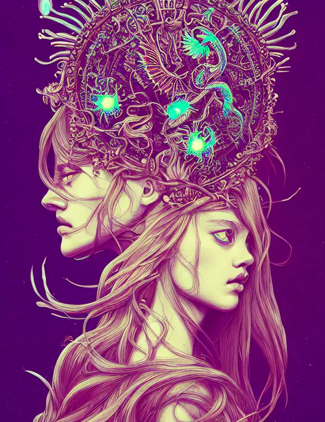 Image similar to symmetrical, centered, goddess close-up portrait wigh crown made of skulls. phoenix betta fish, phoenix, bioluminiscent creature, super intricate ornaments artwork by Tooth Wu and wlop and alena aenami and greg rutkowski