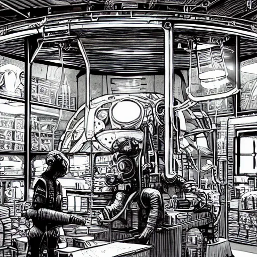 Prompt: space merchant in their shop, Industrial Scifi, detailed illustration, Chiaroscuro, character design, by Martin Grip and Moebius