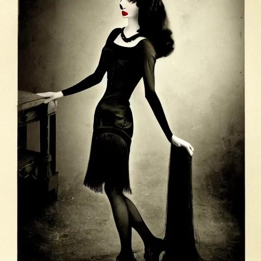 Image similar to young woman, morticia addams, long black hair, short, flapper, vintage, creepy, beautiful, macabre