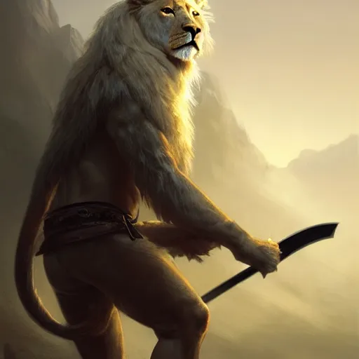 Image similar to commission of a male anthropomorphic albino lion holding a sword,digital art,art by greg rutkowski,trevor henderson,ross tran,photorealistic,hyperdetailes,highly realistic,natural lighting,deviantart,artstation,dramatic,cinematic,4k,western comic style,sharp lineart,hard shadows