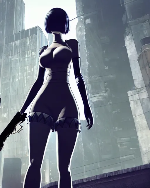 Image similar to 2B from Nier Automata and with slender body type standing in front of a large building holding a pistol, GTA 5 loading screen cover, cartoon illustration, 8k