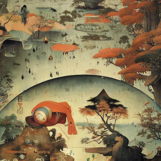 Prompt: Japanese Landscape by Hieronymus Bosch and James Jean, Ross Tran, hypermaximalist, 8k, surreal oil painting, highly detailed, dream like, masterpiece