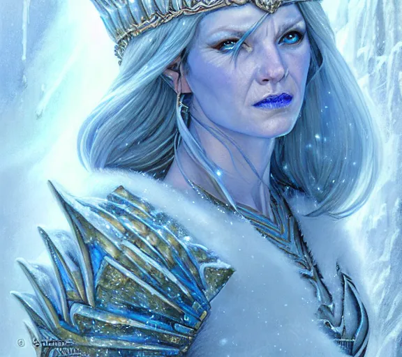 Image similar to The Ice Queen, snow, ice, cinematic, digital painting, hyperdetailed | donato giancola, ralph horsley | waist-up portrait | dungeons and dragons