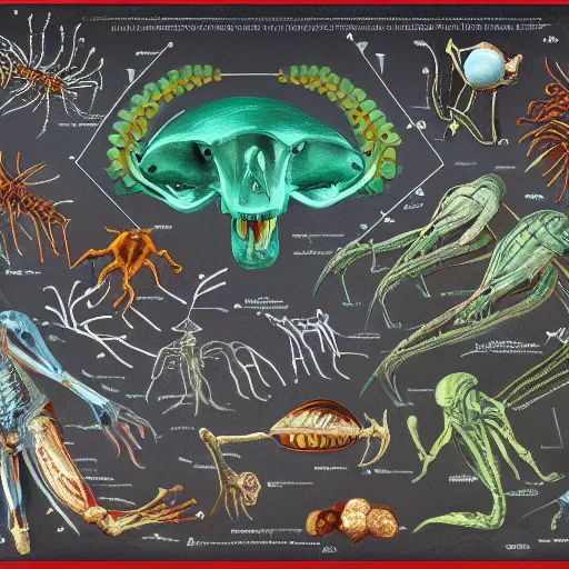 Prompt: anatomical diagram of alien fauna, xenobiology, annotated