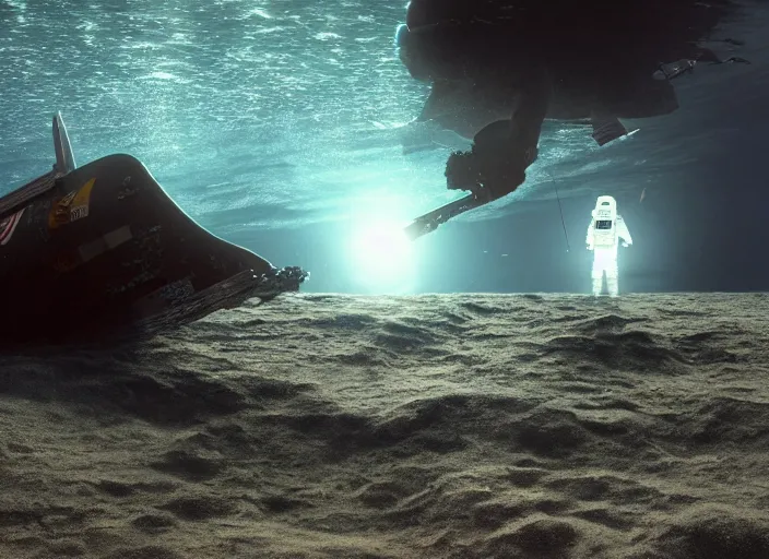 Image similar to astronaut underwater putting a flag in the sand of the bottom of the ocean. in the background, a submarine is visible. dark, concept art, cinematic, dramatic, atmospheric, 8 k, trending on artstation, zack snyder