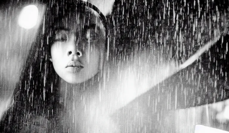 Image similar to A Filipino girl taking shelter from the rain, 35mm film, by Gregg Araki