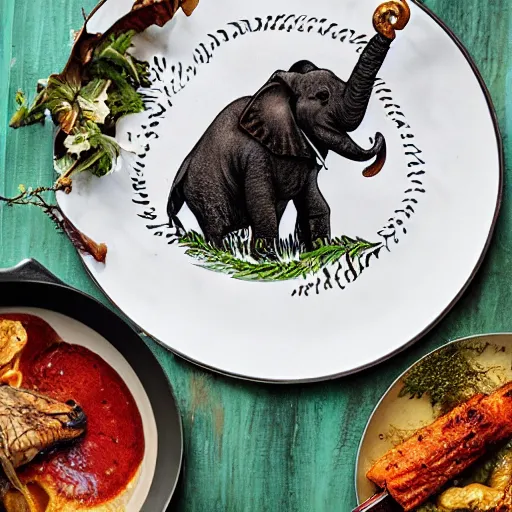 Prompt: a roasted elephant, delicious, cookbook photo, quality presentation