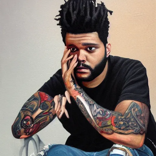 Image similar to a vanitas painting of the weeknd sitting in a chair lifeless by audrey flack, grim, oil painting, detailed, realistic, defined features