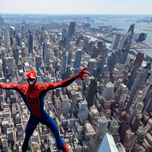 Image similar to marvel spider - from back hands on waist standing on top of the empire state building