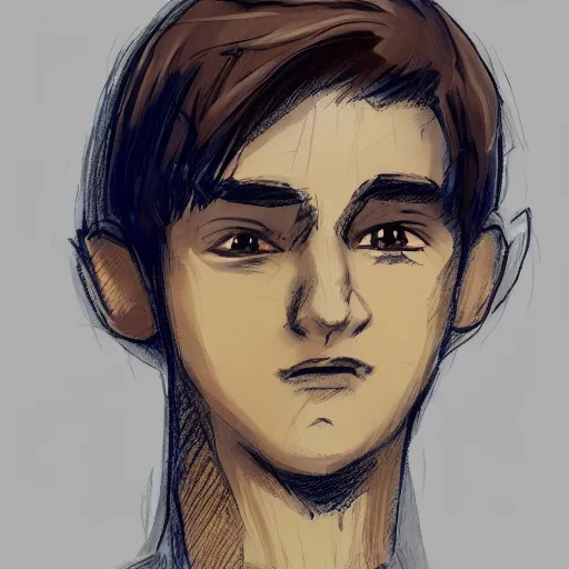 Image similar to sketch of a teenage boy with very short side part hair smiling trending on artstation