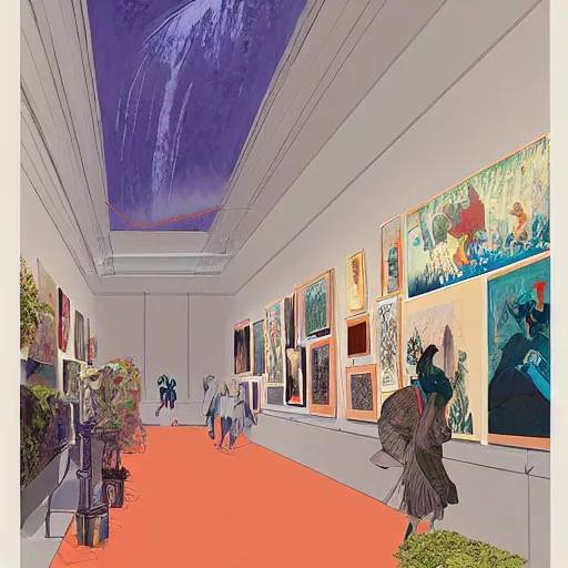 Image similar to illustration of modern art gallery, where there is a lot of paintings displayed from various artist, very fashion, displayed on the walls, by Victo Ngai and James Gilleard and Bruce Pennington