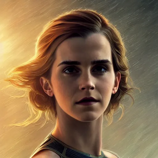 Image similar to a highly detailed matte portrait of emma watson dressed as seven of nine running through a thunderstorm, scifi by star trek, unreal engine, volumetric lighting, exquisite detail, 8 k, art by greg rutkowski and alphonse mucha