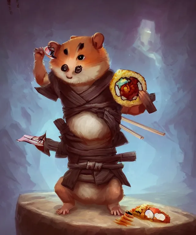 Prompt: anthropomorphic hamster ninja eating sushi, ninja outfit, two arms, standing in a beautiful landscape, cute and adorable, dnd character art portrait, matte fantasy painting, deviantart artstation, by jason felix by steve argyle by tyler jacobson by peter mohrbacher, cinematic lighting