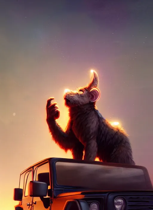 Image similar to furry rembo standing on top of the jeep, photorealistic, glowing lighting, intricate, elegant, glowing lights, highly detailed, digital painting, artstation, concept art, smooth, sharp focus, illustration, art by wlop, mars ravelo and greg rutkowski