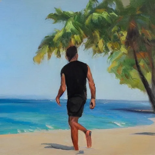 Image similar to a man walking in a sunny day in the beach with black shorts, oil painting