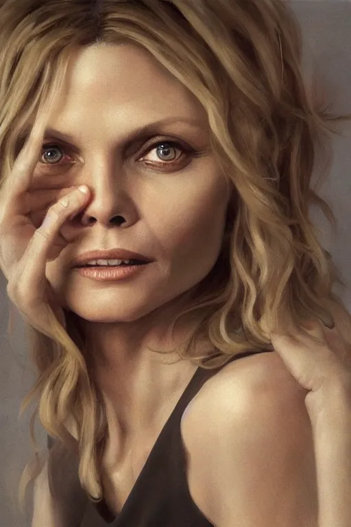 Image similar to painting of michelle pfeiffer,, ultra realistic, sharp details, subsurface scattering, intricate details, warm lighting, beautiful features, highly detailed, photorealistic, octane render, 8 k, unreal engine, art by artgerm and greg rutkowski and alphonse mucha