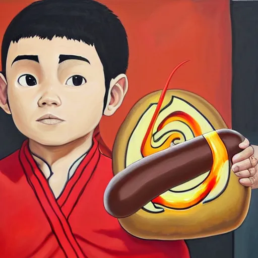 Prompt: a painting portrait of the last airbender in an arsenal jersey holding a hot dog,