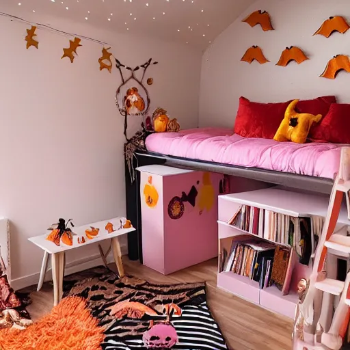 Image similar to a pink and gold bedroom with halloween themed christmas decorations, loft bed, books, throw rug, cushions, gamer, relaxing, real life, high resolution, kawaii