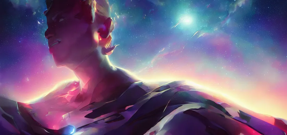 Image similar to a dramatic upward angle of a beautiful galaxy, view from a starship, digital art, incredibly beautiful render, art by artgerm and brian sum cinematic lighting, very coherent, hyper realism, high detail, 8 k jesper ejsing, by rhads, makoto shinkai and lois van baarle