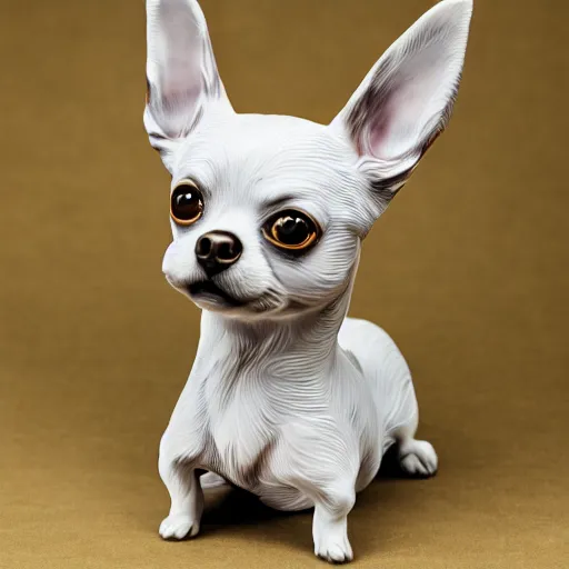 Prompt: A porcelain model of a chihuahua painted in an Emma Bridgewater pattern, sculpture, photograph, studio lighting, product photography, advertising photography, pottery, figurine, octane render –H 768