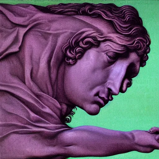 Image similar to washed - out outrun, tyrian purple by evelyn de morgan. a beautiful installation art of a giant head. the head is bald & has a big nose. the eyes are wide open & have a crazy look. the mouth is open & has sharp teeth. the neck is long & thin.