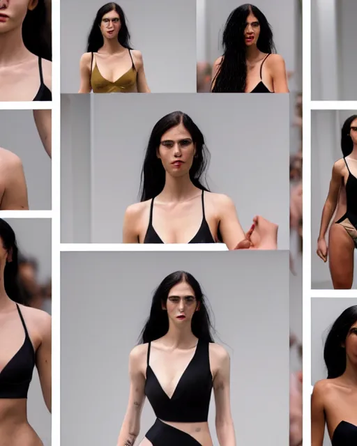 Prompt: multi panel storyboard of olivia wearing different outfits, runway model at new york fashion week, fit curvy physique, black hair, freckles, pale skin, multiple angles, photo by greg rutkowski, stage lighting, soft colors, female beauty, intricate detail, elegance, 3 5 mm, depth of field, masterpiece