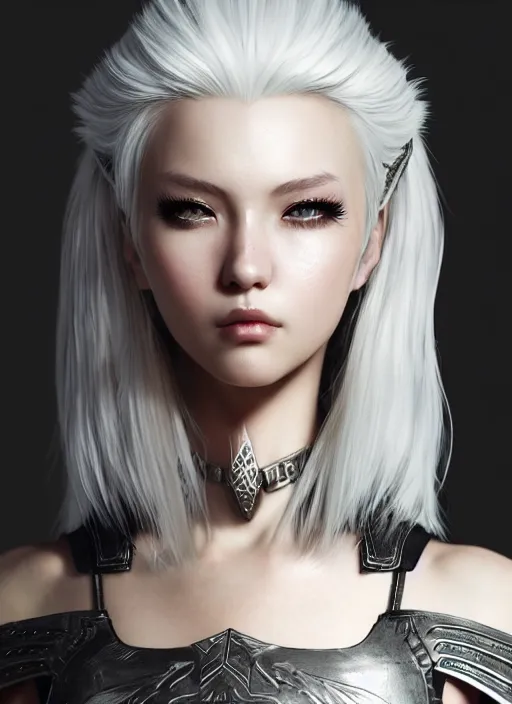 Image similar to warrior, fur leather armor!!! beautiful and elegant white hair female!! gorgeous ayes!! character concept art, sharp focus, octane render! unreal engine 5! highly rendered!! trending on artstation!! detailed linework!! illustration by artgerm, wlop, and chie yoshii