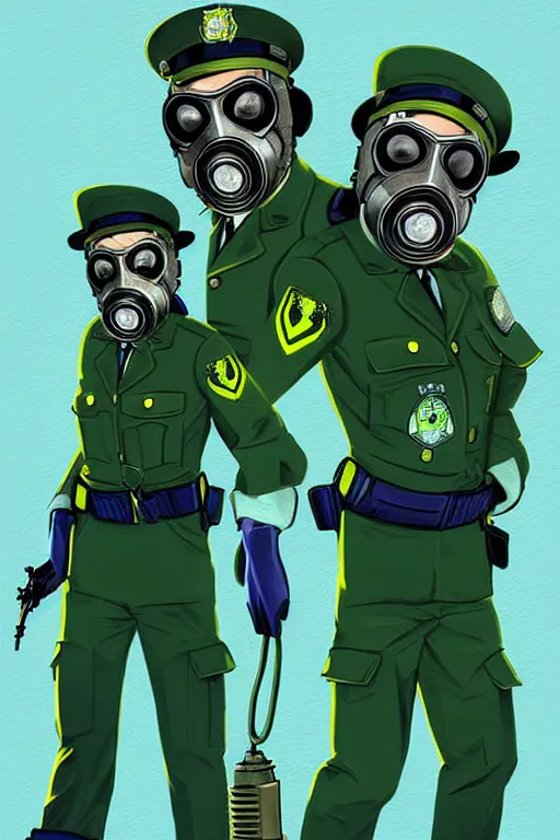 Prompt: cops member departement using gas mask, with blue and green blouse, high member use army hats. digital art, concept art, pop art, bioshock art style, accurate, detailed, gta chinatown art style, dynamic, face features, body features, ultra realistic, smooth, sharp focus, art by richard hamilton and mimmo rottela