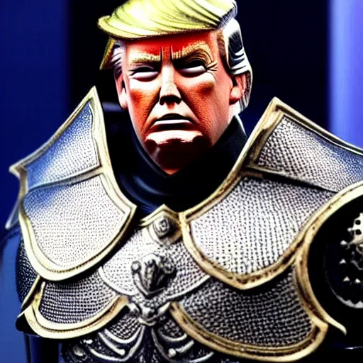 Image similar to full - body - front - shot!!!!!!!, donald trump wearing knight'armor, crown, detailed face!!!!!! of donald trump