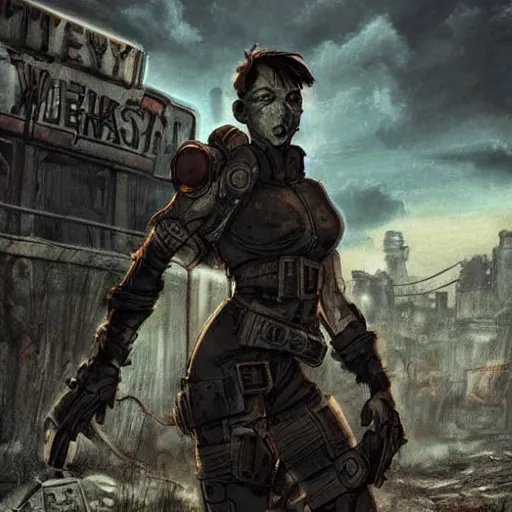 Image similar to post apocalyptic world, comic style, fallout 5 official art, 8 k, female protagonist, atmospheric lighting, gritty, sharp focus, armored feline companion, volumetric lighting, rich deep colors, painted, illustrated