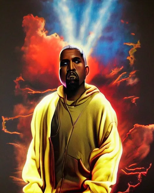 Prompt: kanye west, airbrush, drew struzan illustration art, key art, movie poster