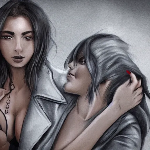 Prompt: Hot young woman, grey skin, void eyeballs, tattoos, wearing a leather jacket, hugging a shrouded person as they cry on her chest, concept art