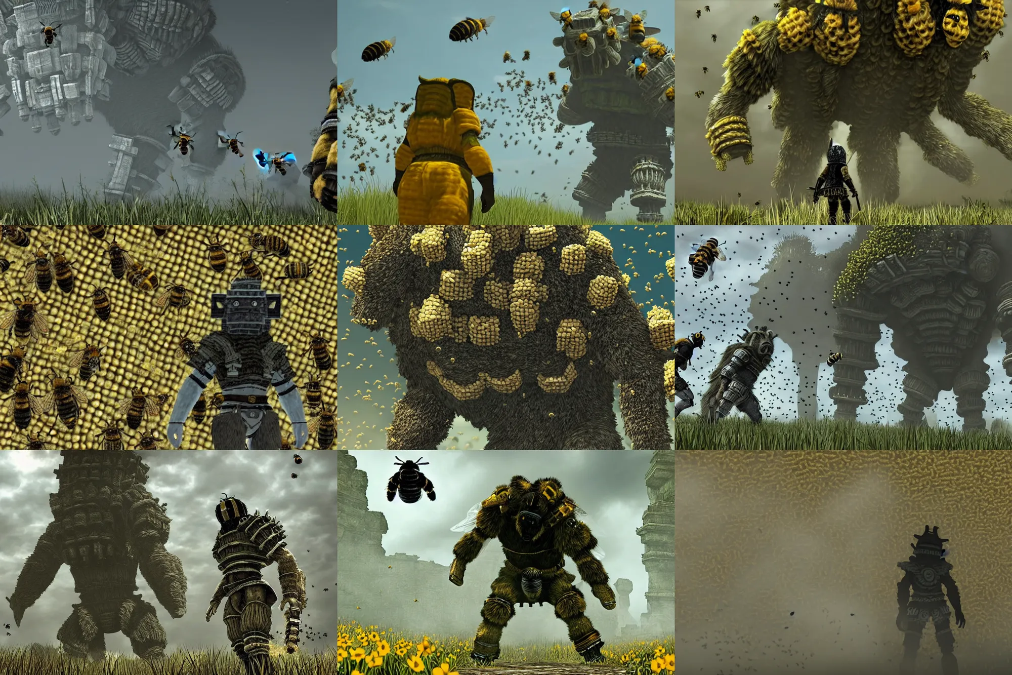 Prompt: shadow of the colossus covered in bees, bees covering whole body