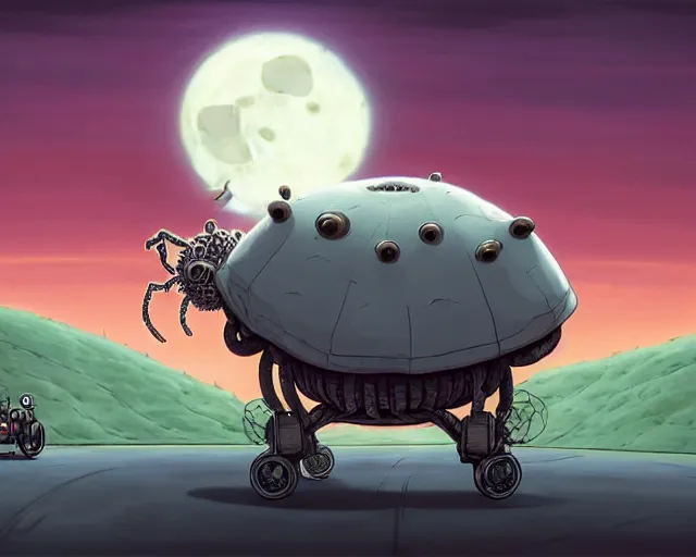 Prompt: a cell shaded cartoon grey lovecraftian mechanized fat spider from howl's moving castle ( 2 0 0 4 ), with a big head, on a desert road, wide shot, in front of a big moon, muted colors, post grunge, josan gonzales, wlop, by james jean, victor ngai, hq, deviantart, art by artgem