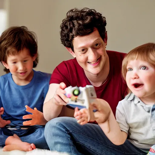 Image similar to baby mark zuckerberg and john mayer playing nintendo with their parents and their best friends look on. 3 k, depth of field, bokeh