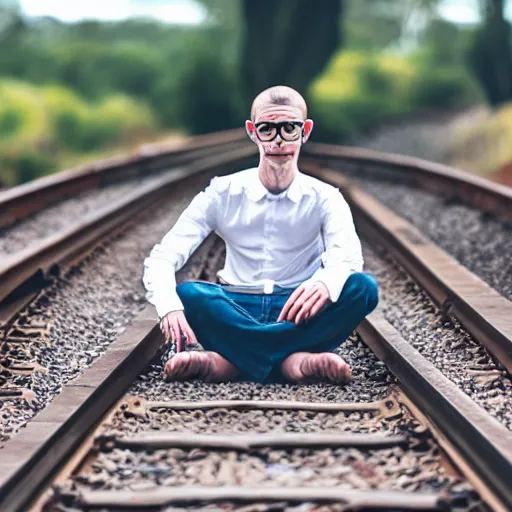 Prompt: pale man with square glasses relaxing on train tracks