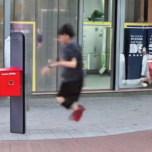 Image similar to a letter box with human legs running around in a shopping center, cctv footage