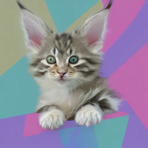 Image similar to a cream-colored maine coon kitten, digital art, geometric shapes and pastel colors explore the relationship between positive and negative space, as well as the tension between flatness and depth.