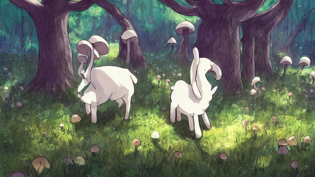 Prompt: cute Asriel Dreemurr in the mushroom forest, concept art by Makoto Shinkai