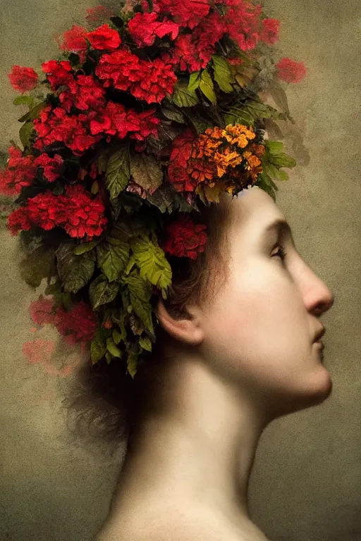 Prompt: a womans face in profile, made of flowers and leaves, in the style of the Dutch masters and Gregory Crewdson, impressive, dark, ethereal, dramatic, epic, a masterpiece, fine art with subtle redshift rendering