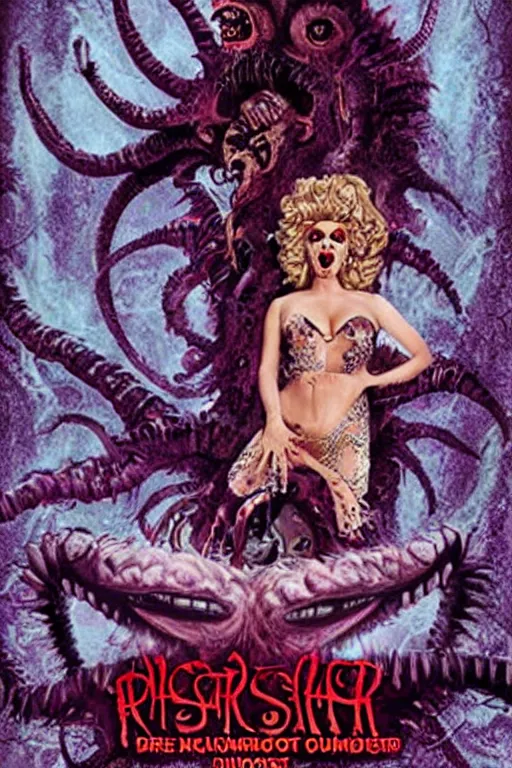 Image similar to drag queen monster in horrific eldritch horror movie poster