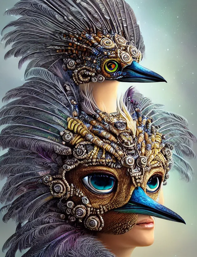 Image similar to 3 d goddess close - up profile portrait with feathers, fur, and bones. beautiful intricately detailed kookaburra mask and retrowave sorceress outfit. lizard scales, reflective chitin, optical mineralogy, songlines, plasma, creature, artwork by tooth wu and android jones wlop and android jones and beeple and greg rutkowski