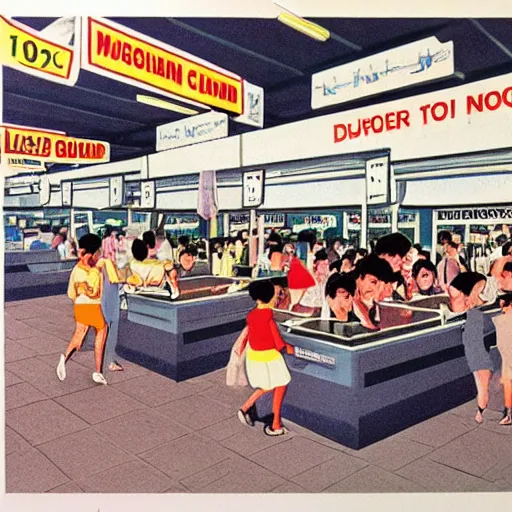 Image similar to A 1980s poster of a hawker centre and mushroom cloud