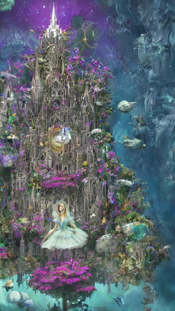 Image similar to a centered render of intricate modular synthesizer of alice in wonderland, shining its light across a tumultuous sea of flowers, undersea animals and gothic crystal church by dorothea tanning and salvador dali, trending on artstation, cyber punk, high contrast, unreal engine, high detailed, 8 k