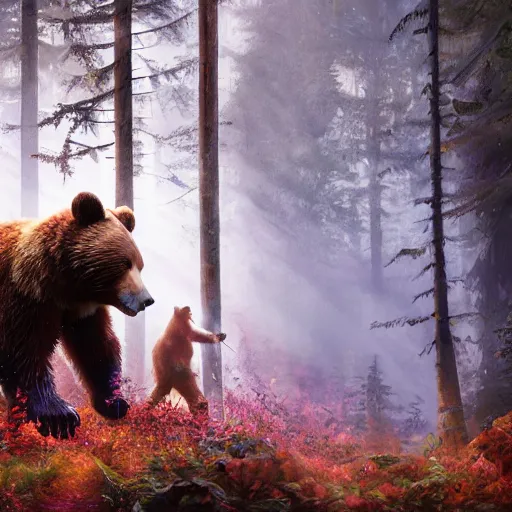 Image similar to a roaring bear, beautiful, realistic, atmosphere, vibe, forest, lot of trees, fern, flowers, concept art illustration, color page, tone mapping, akihiko yoshida, james jean, andrei riabovitchev, marc simonetti, digital illustration, greg rutowski, volumetric lighting, sunbeams, particles