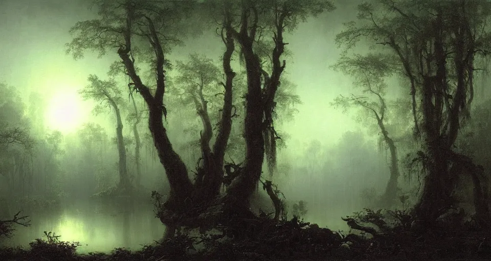 Prompt: A dense and dark enchanted forest with a swamp, by Ivan Aïvazovski,