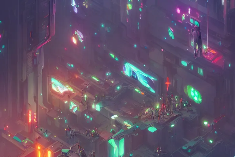 Image similar to crowded place, many people, gathering, people, cyberpunk, bionics, augments, lights, cables, colorful, vivid, imposing, epic, digital painting, artstation, concept art, by peter mohrbacher and wlop and rhads,