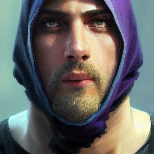 Image similar to ultra realistic illustration, man in a black hood, in a striped purple balaclava, mysterious, highly detailed, digital painting, artstation, concept art, smooth, sharp focus, illustration, art by artgerm and greg rutkowski and alphonse mucha